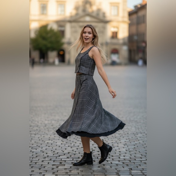 Tristan & Iseut Dresses & Skirts - Elegant Women's Gray Plaid Skirt Set